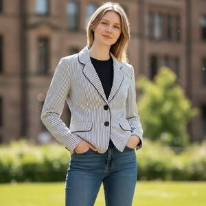 Talbots Womens Stripe Blazer Jacket Size 6 White Navy Blue Piping 3-Button Coat